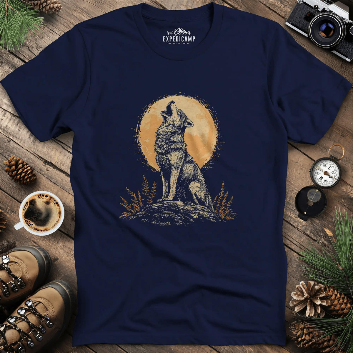 Howling Wolf Under the Moon T-Shirt – Navy – Outdoor apparel for travel, hiking, camping, and nature lovers – ExpediCamp