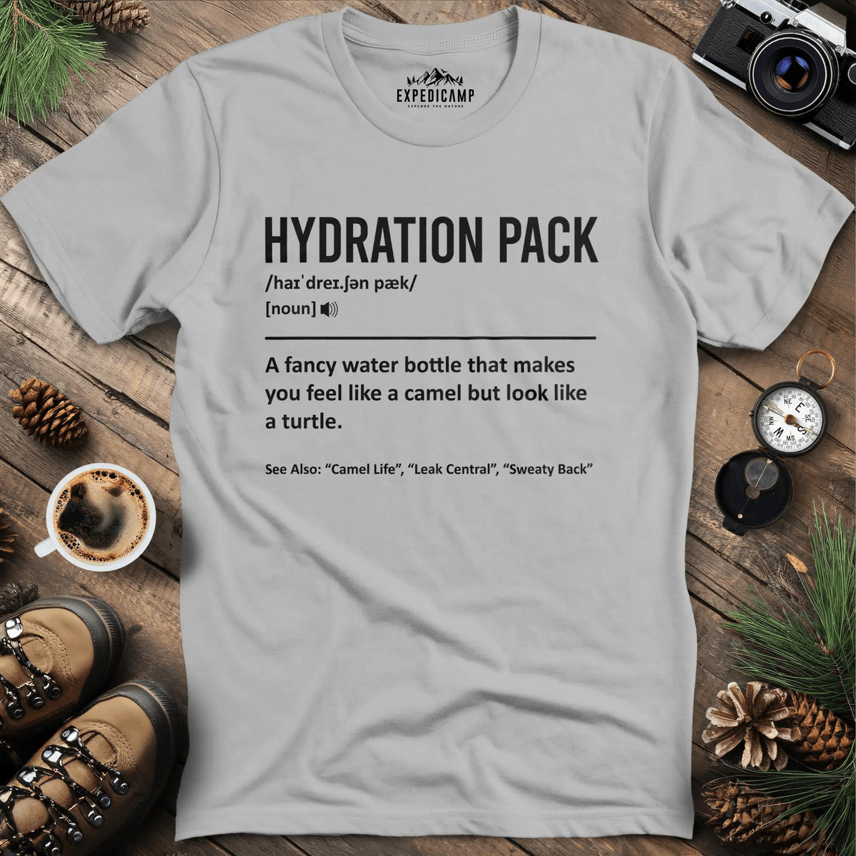 Hydration Pack Definition T-Shirt – Ice Grey – Outdoor apparel for travel, hiking, camping, and nature lovers – ExpediCamp