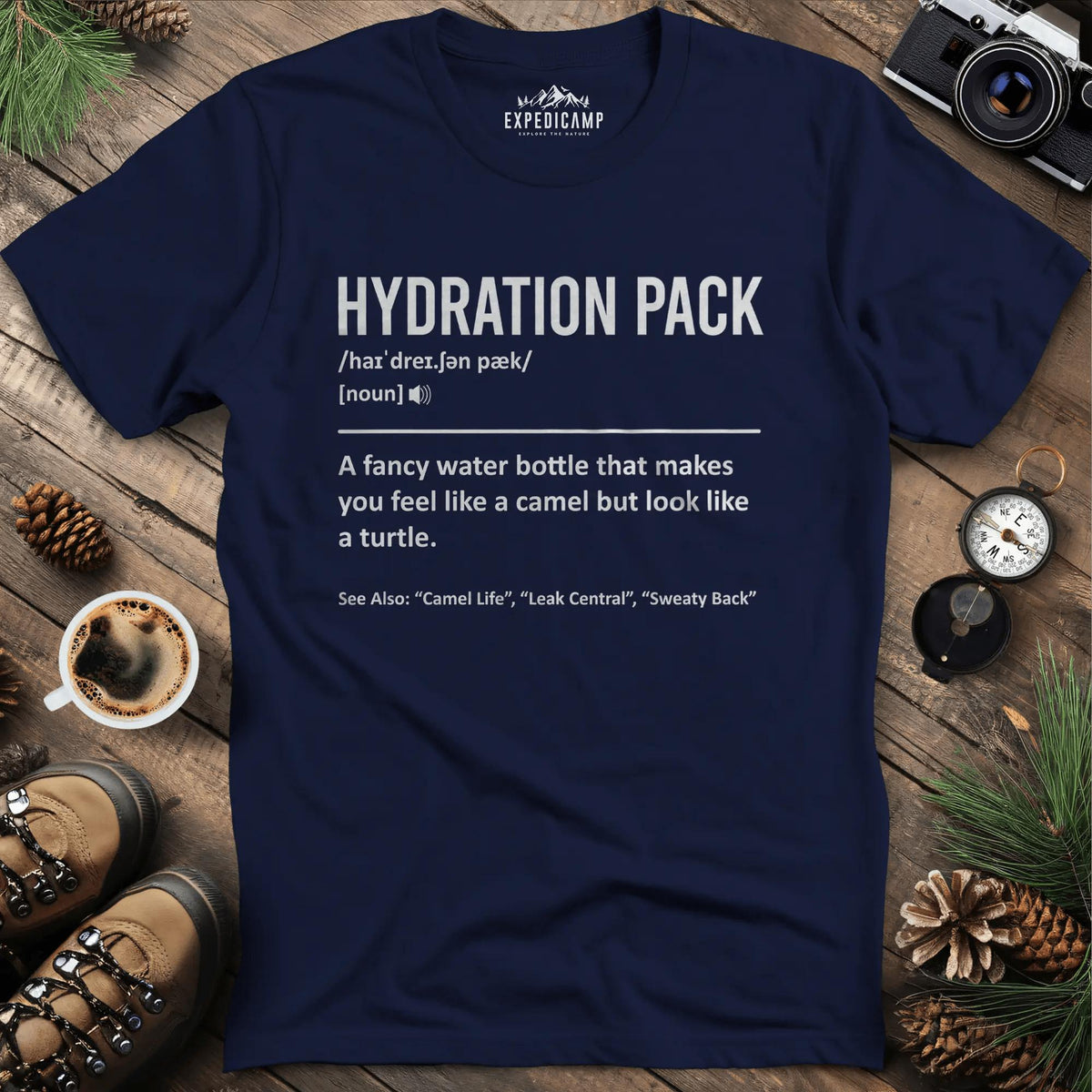 Hydration Pack Definition T-Shirt – Navy – Outdoor apparel for travel, hiking, camping, and nature lovers – ExpediCamp