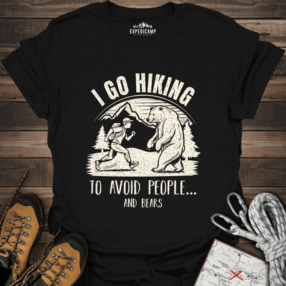 I Go Hiking To Avoid People And Bears T-Shirt – Black – Outdoor apparel for travel, hiking, camping, and nature lovers – ExpediCamp