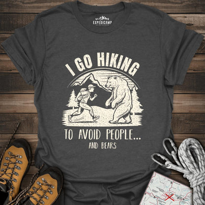 I Go Hiking To Avoid People And Bears T-Shirt – Dark Heather – Outdoor apparel for travel, hiking, camping, and nature lovers – ExpediCamp