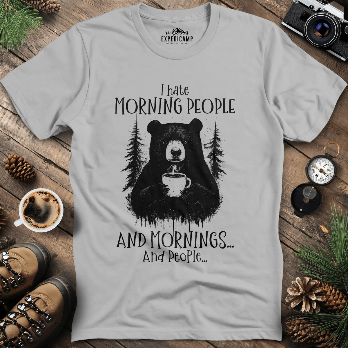 I Hate Morning People Bear Coffee T-Shirt – Ice Grey – Outdoor apparel for travel, hiking, camping, and nature lovers – ExpediCamp