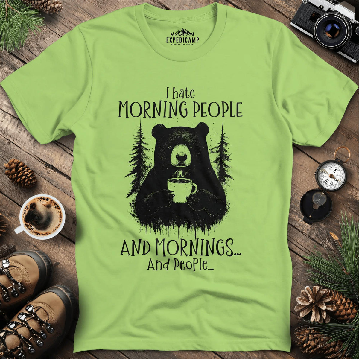 I Hate Morning People Bear Coffee T-Shirt – Kiwi – Outdoor apparel for travel, hiking, camping, and nature lovers – ExpediCamp
