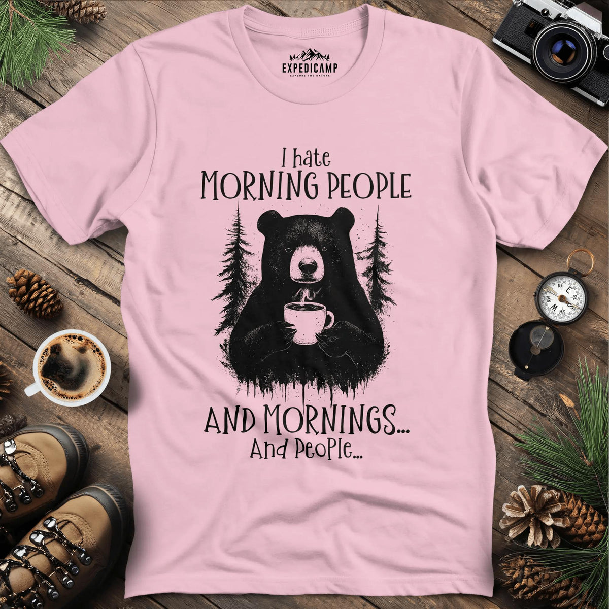 I Hate Morning People Bear Coffee T-Shirt – Light Pink – Outdoor apparel for travel, hiking, camping, and nature lovers – ExpediCamp