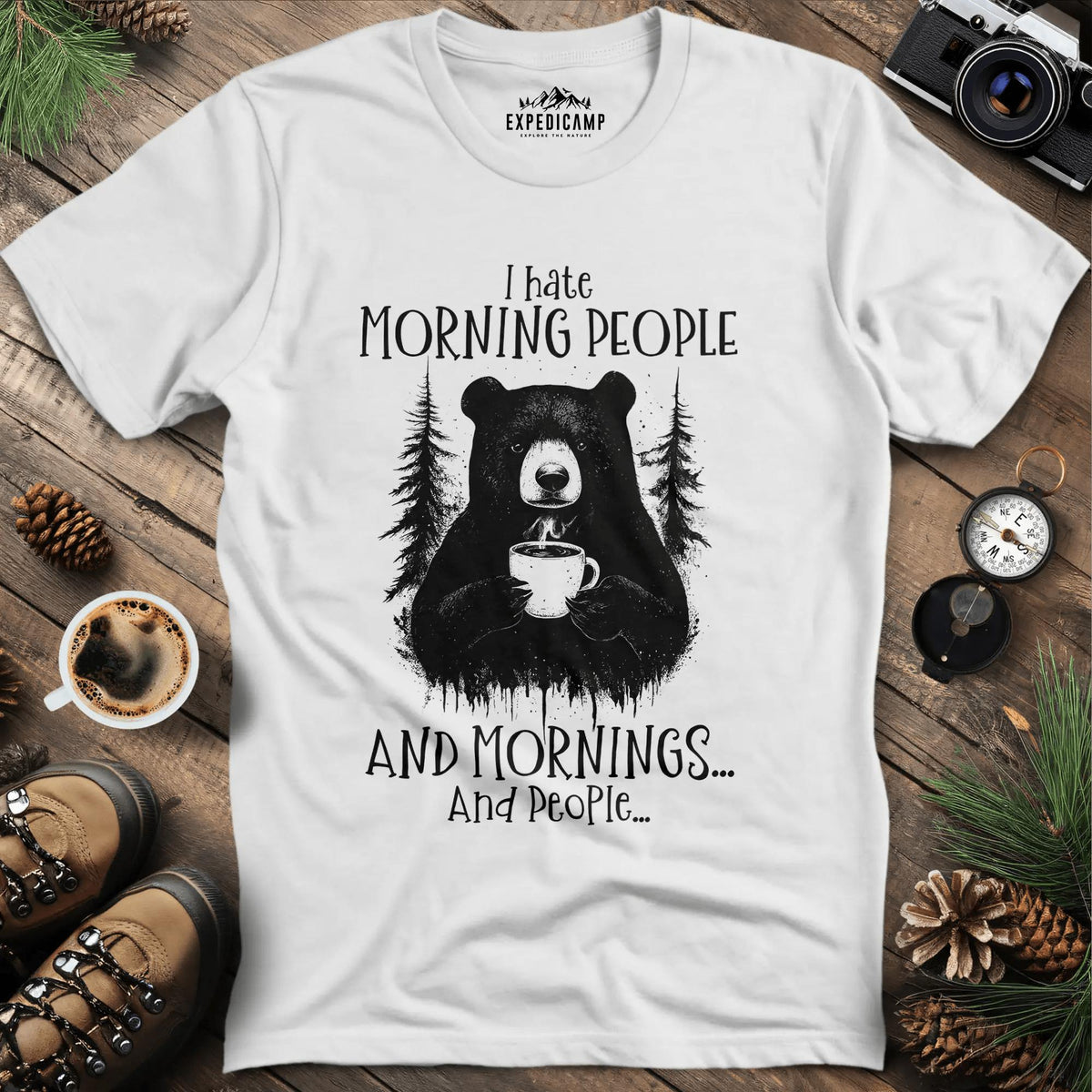 I Hate Morning People Bear Coffee T-Shirt – White – Outdoor apparel for travel, hiking, camping, and nature lovers – ExpediCamp