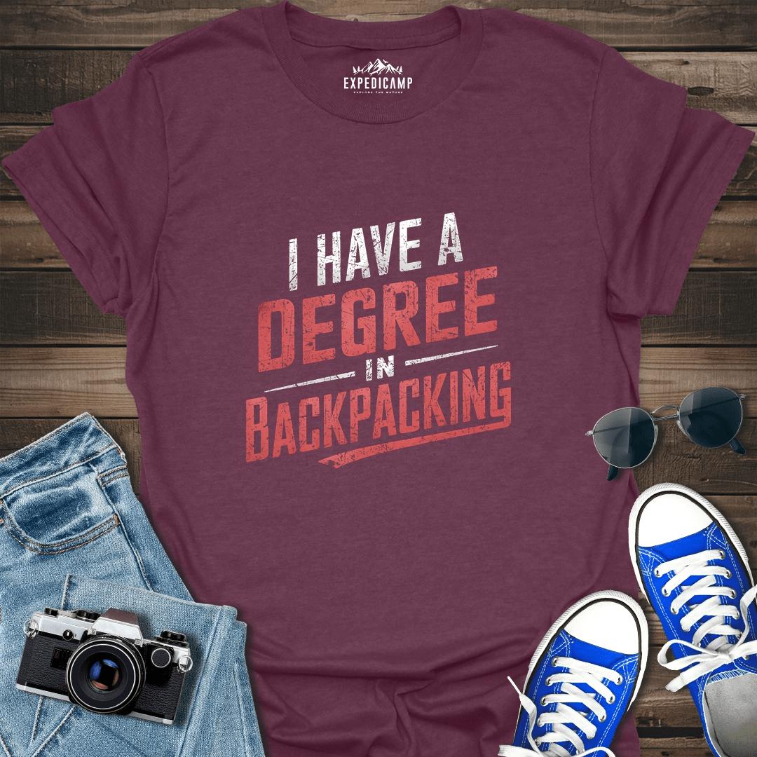 I Have A Degree In Backpacking T-Shirt – Heather Maroon – Outdoor apparel for travel, hiking, camping, and nature lovers – ExpediCamp