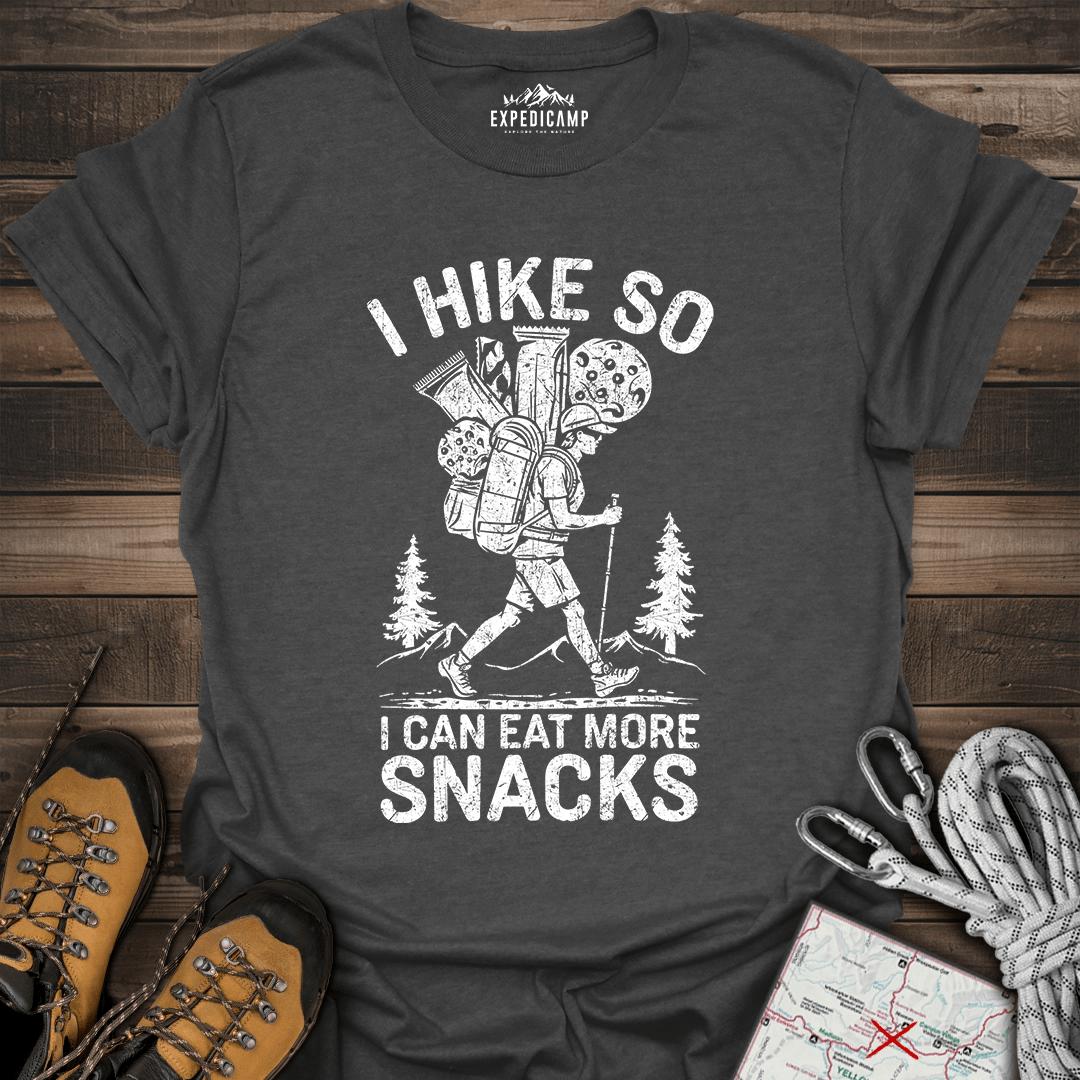 I Hike So I Can Eat More Snacks T-Shirt – Dark Heather – Outdoor apparel for travel, hiking, camping, and nature lovers – ExpediCamp