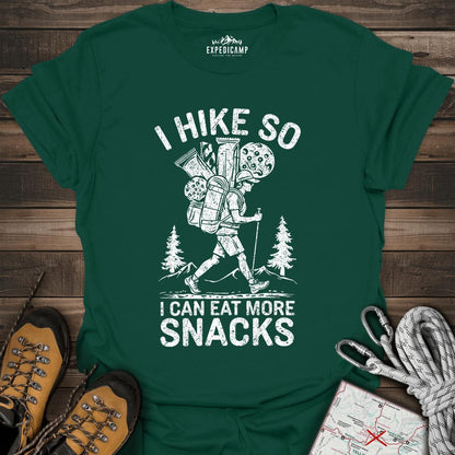 I Hike So I Can Eat More Snacks T-Shirt – Forest Green – Outdoor apparel for travel, hiking, camping, and nature lovers – ExpediCamp