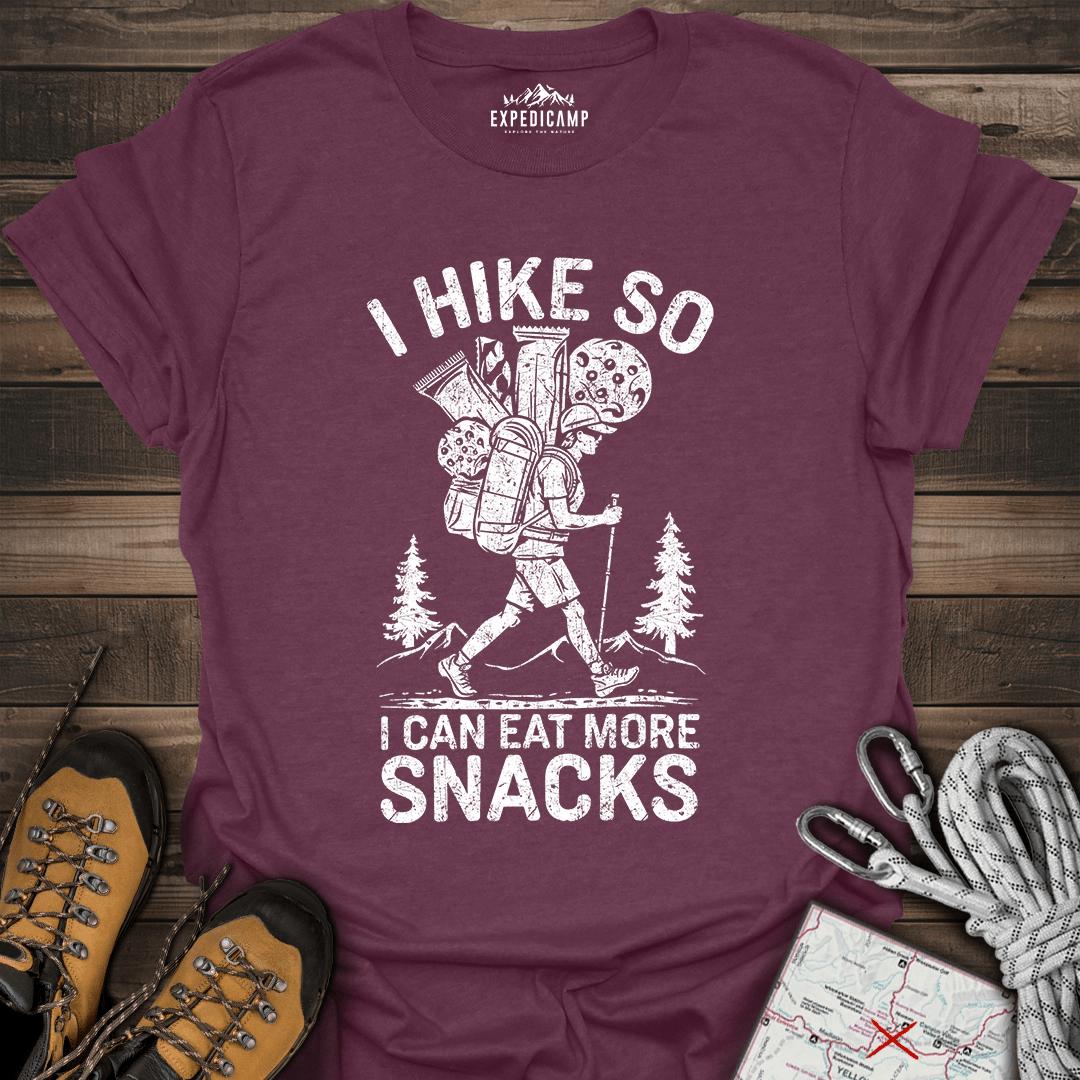 I Hike So I Can Eat More Snacks T-Shirt – Heather Maroon – Outdoor apparel for travel, hiking, camping, and nature lovers – ExpediCamp