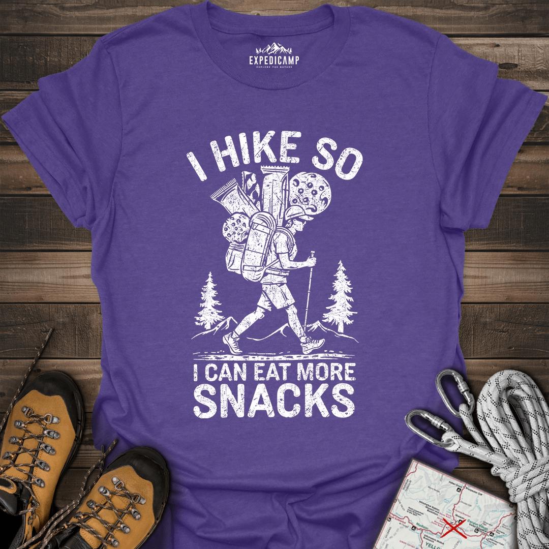 I Hike So I Can Eat More Snacks T-Shirt – Heather Purple – Outdoor apparel for travel, hiking, camping, and nature lovers – ExpediCamp