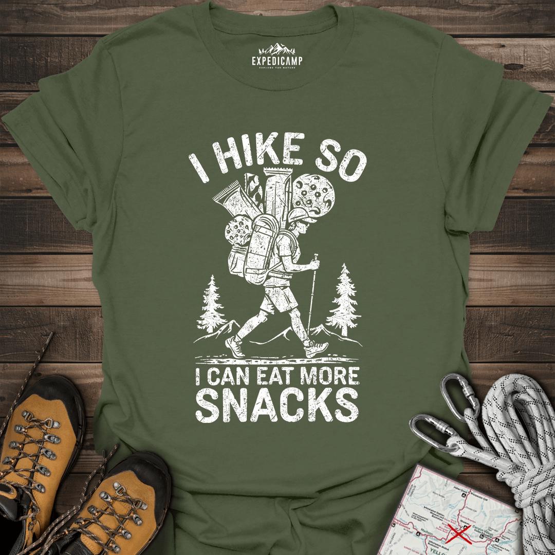 I Hike So I Can Eat More Snacks T-Shirt – Military Green – Outdoor apparel for travel, hiking, camping, and nature lovers – ExpediCamp