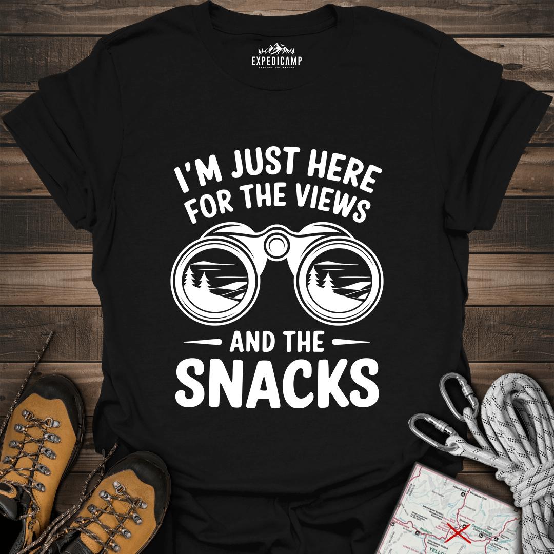 I Just Here For The Views And The Snacks T-Shirt – Black – Outdoor apparel for travel, hiking, camping, and nature lovers – ExpediCamp