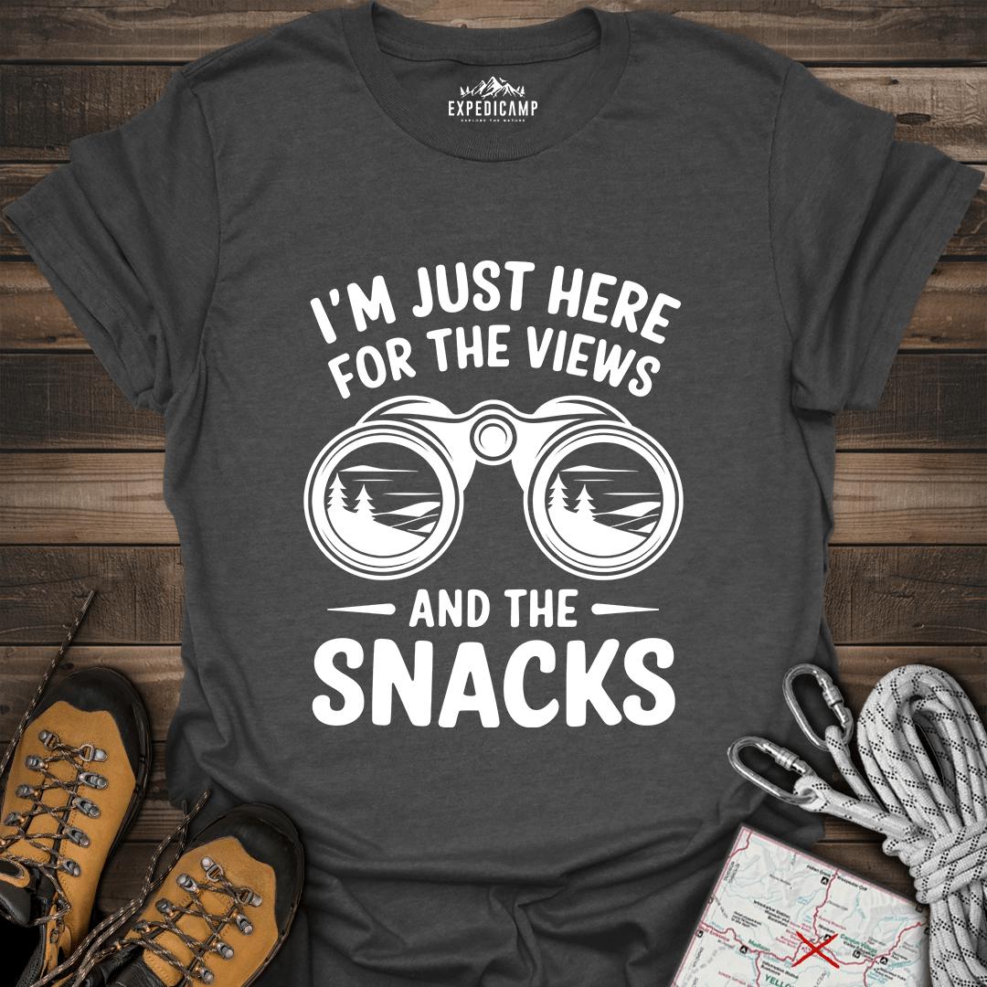 I Just Here For The Views And The Snacks T-Shirt – Dark Heather – Outdoor apparel for travel, hiking, camping, and nature lovers – ExpediCamp