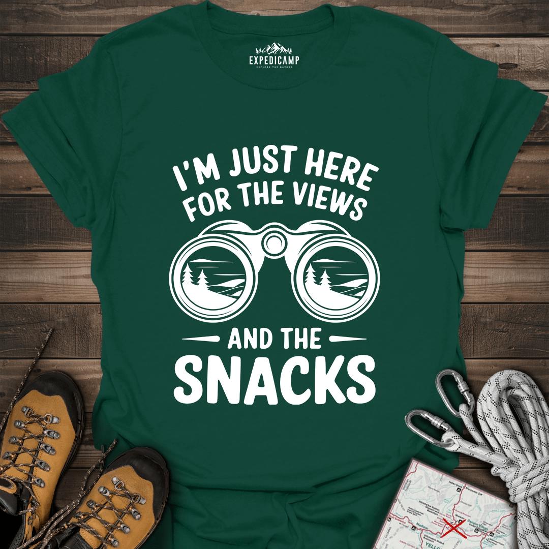 I Just Here For The Views And The Snacks T-Shirt – Forest Green – Outdoor apparel for travel, hiking, camping, and nature lovers – ExpediCamp