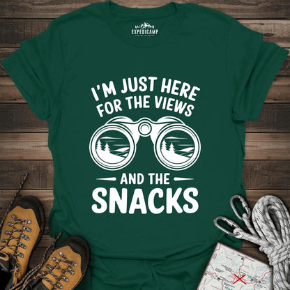 I Just Here For The Views And The Snacks T-Shirt – Forest Green – Outdoor apparel for travel, hiking, camping, and nature lovers – ExpediCamp
