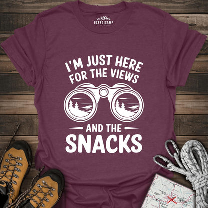 I Just Here For The Views And The Snacks T-Shirt – Heather Maroon – Outdoor apparel for travel, hiking, camping, and nature lovers – ExpediCamp