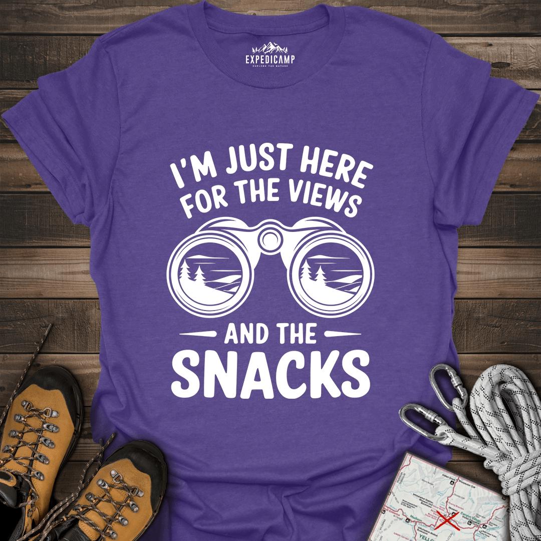 I Just Here For The Views And The Snacks T-Shirt – Heather Purple – Outdoor apparel for travel, hiking, camping, and nature lovers – ExpediCamp