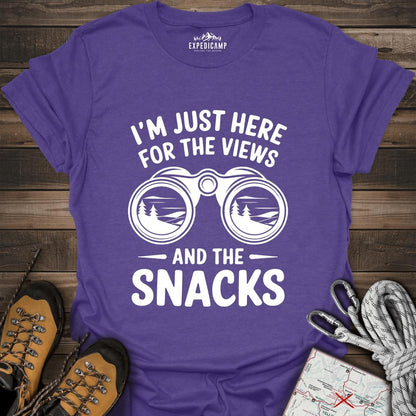 I Just Here For The Views And The Snacks T-Shirt – Heather Purple – Outdoor apparel for travel, hiking, camping, and nature lovers – ExpediCamp
