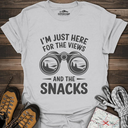 I Just Here For The Views And The Snacks T-Shirt – Ice Grey – Outdoor apparel for travel, hiking, camping, and nature lovers – ExpediCamp