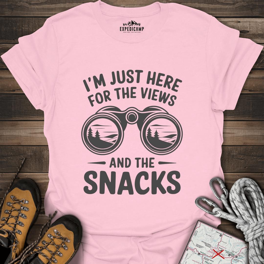 I Just Here For The Views And The Snacks T-Shirt – Light Pink – Outdoor apparel for travel, hiking, camping, and nature lovers – ExpediCamp