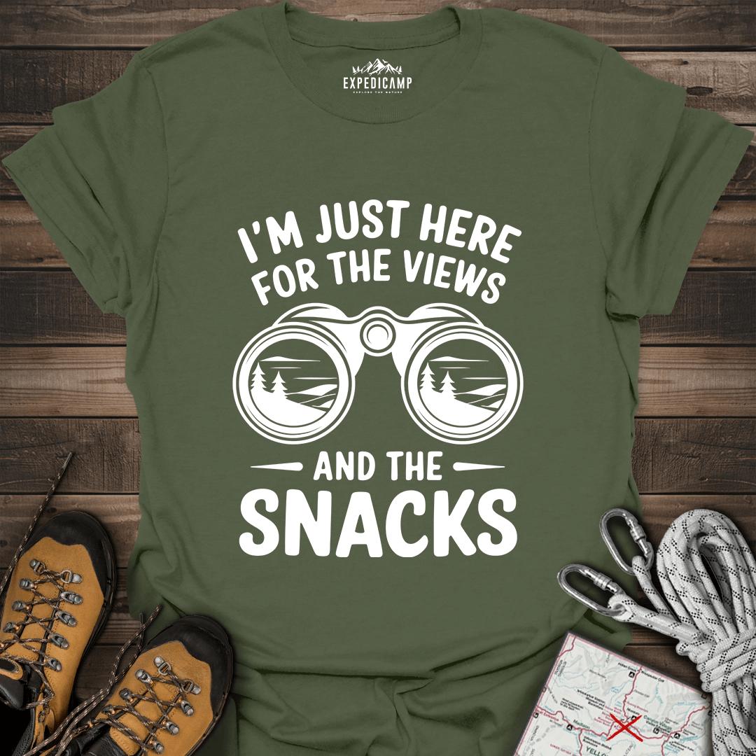 I Just Here For The Views And The Snacks T-Shirt – Military Green – Outdoor apparel for travel, hiking, camping, and nature lovers – ExpediCamp