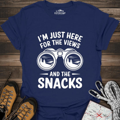I Just Here For The Views And The Snacks T-Shirt – Navy – Outdoor apparel for travel, hiking, camping, and nature lovers – ExpediCamp