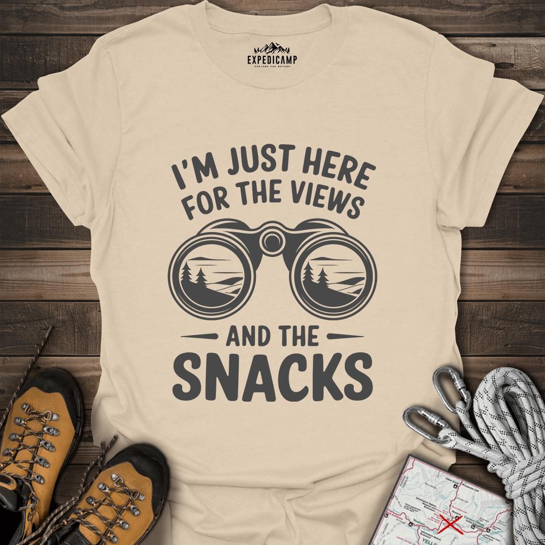 I Just Here For The Views And The Snacks T-Shirt – Sand – Outdoor apparel for travel, hiking, camping, and nature lovers – ExpediCamp