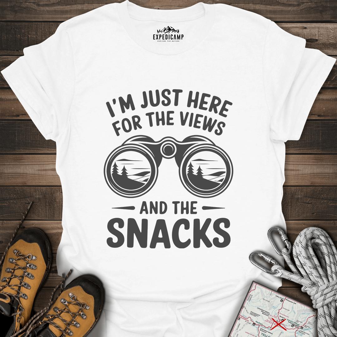 I Just Here For The Views And The Snacks T-Shirt – White – Outdoor apparel for travel, hiking, camping, and nature lovers – ExpediCamp