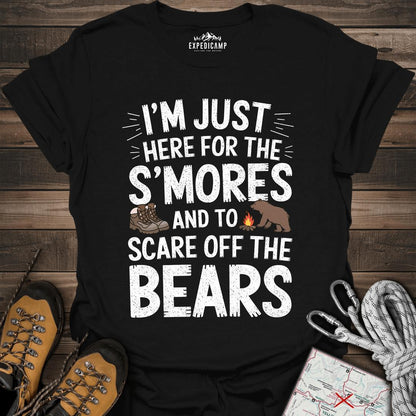 I'm Just Here For The S'mores T-Shirt – Black – Outdoor apparel for travel, hiking, camping, and nature lovers – ExpediCamp