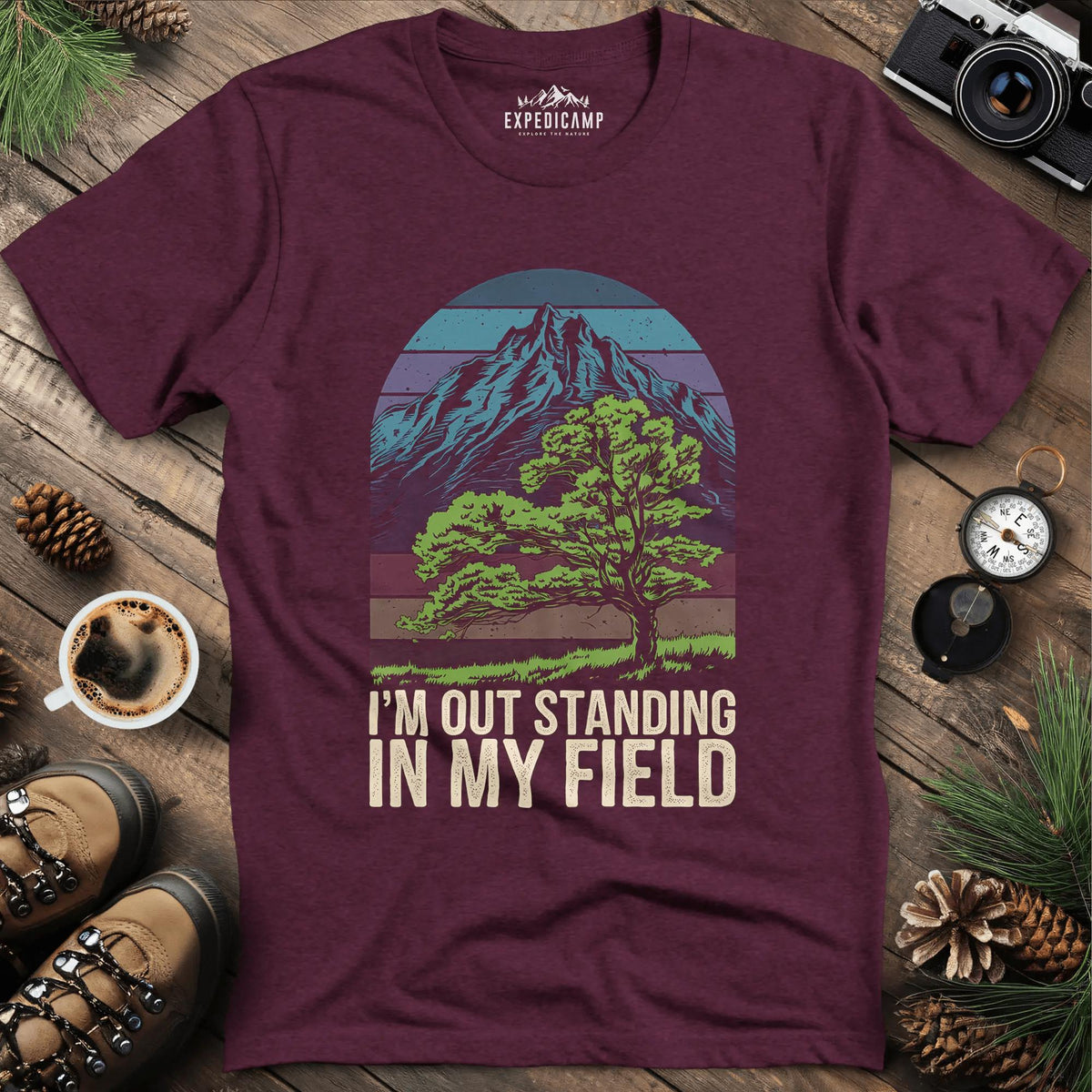 I'm Out Standing in My Field T-Shirt – Heather Maroon – Outdoor apparel for travel, hiking, camping, and nature lovers – ExpediCamp