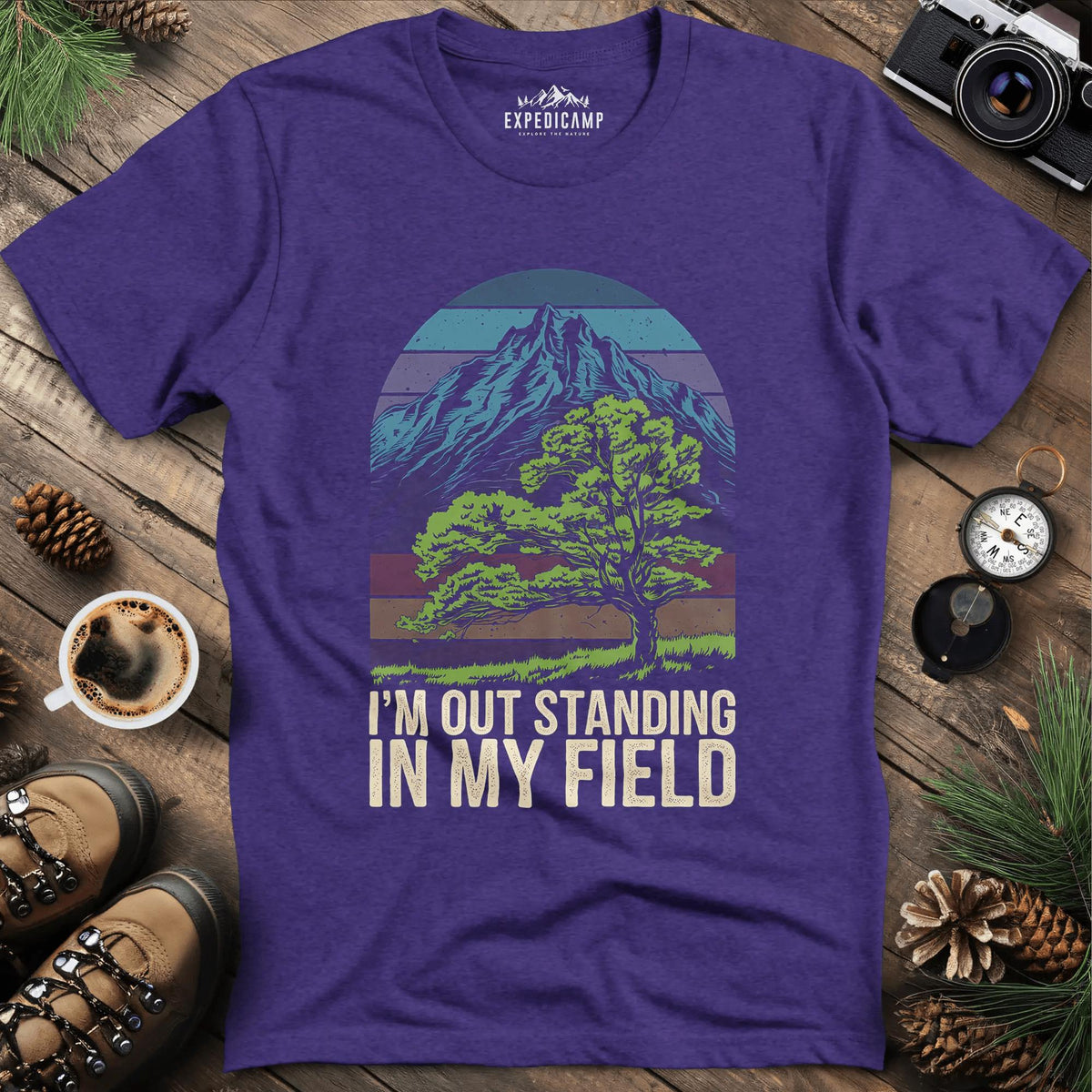 I'm Out Standing in My Field T-Shirt – Heather Purple – Outdoor apparel for travel, hiking, camping, and nature lovers – ExpediCamp