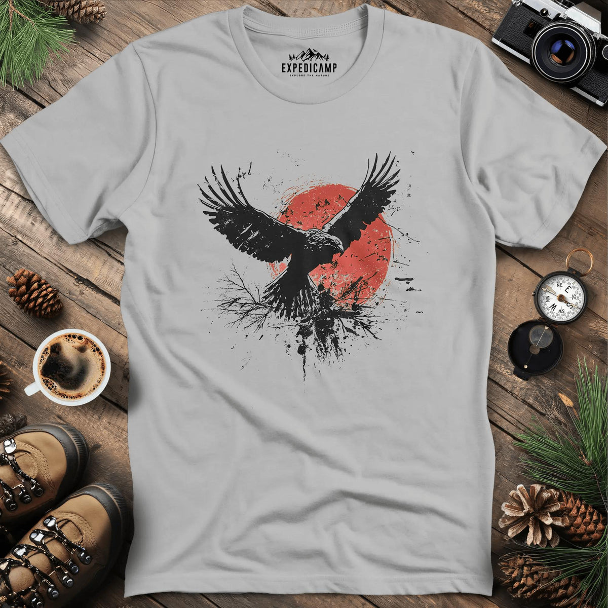 Ink Splatter Bird with Red Sun T-Shirt – Ice Grey – Outdoor apparel for travel, hiking, camping, and nature lovers – ExpediCamp