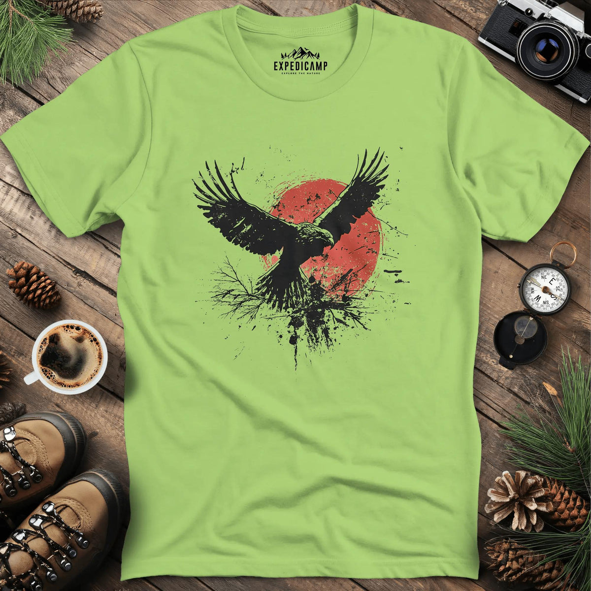 Ink Splatter Bird with Red Sun T-Shirt – Kiwi – Outdoor apparel for travel, hiking, camping, and nature lovers – ExpediCamp