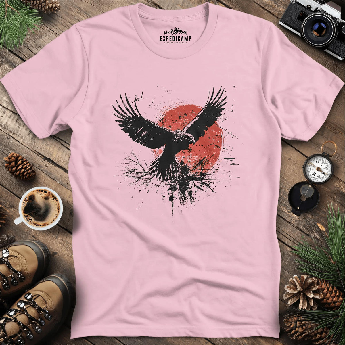 Ink Splatter Bird with Red Sun T-Shirt – Light Pink – Outdoor apparel for travel, hiking, camping, and nature lovers – ExpediCamp