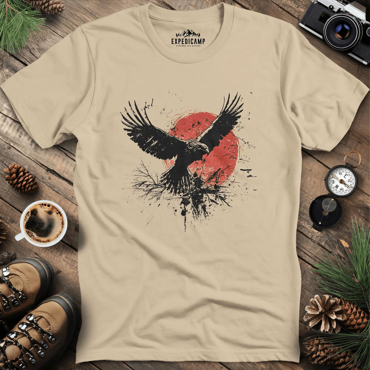 Ink Splatter Bird with Red Sun T-Shirt – Sand – Outdoor apparel for travel, hiking, camping, and nature lovers – ExpediCamp