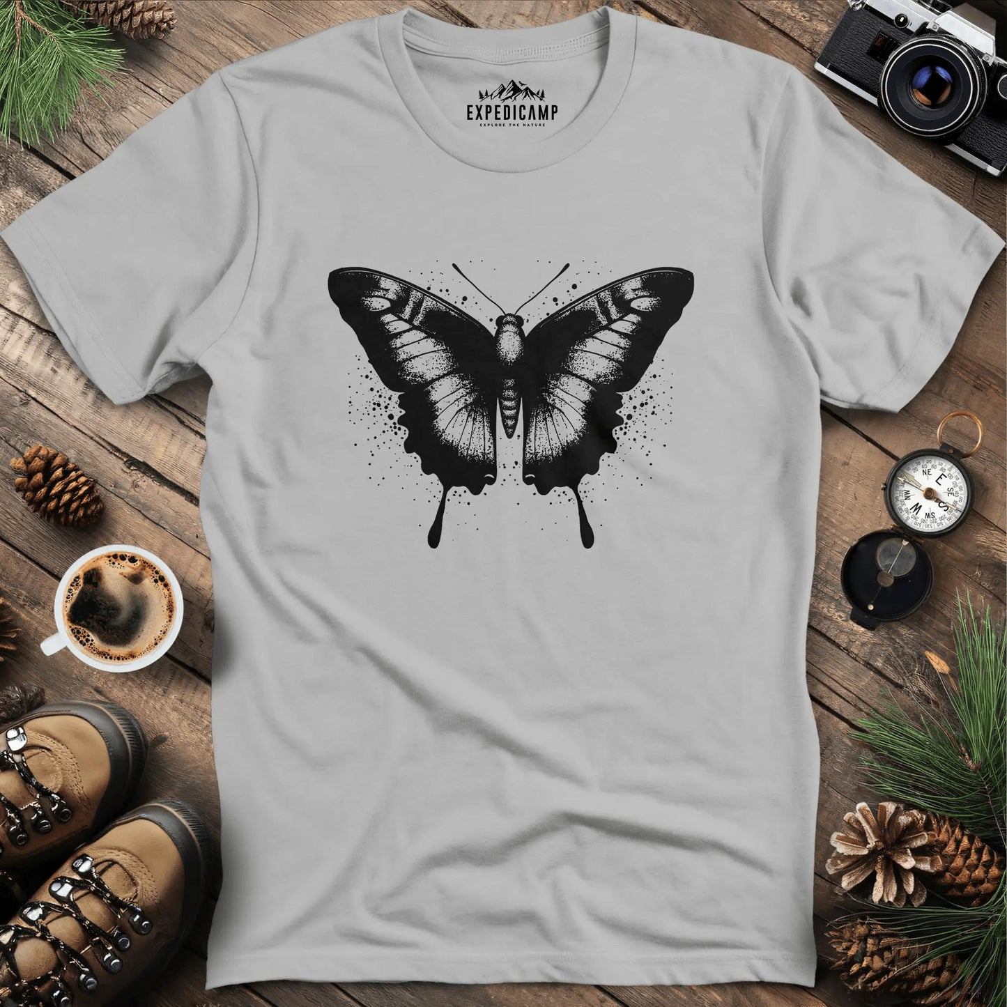 Ink-Splatter Butterfly T-Shirt – Ice Grey – Outdoor apparel for travel, hiking, camping, and nature lovers – ExpediCamp
