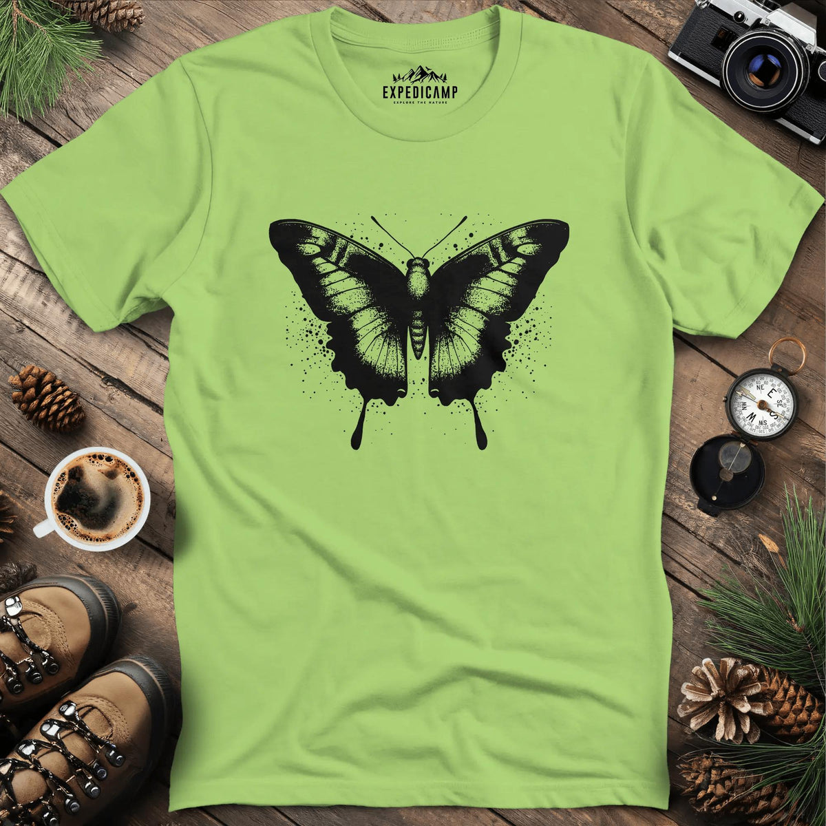 Ink-Splatter Butterfly T-Shirt – Kiwi – Outdoor apparel for travel, hiking, camping, and nature lovers – ExpediCamp