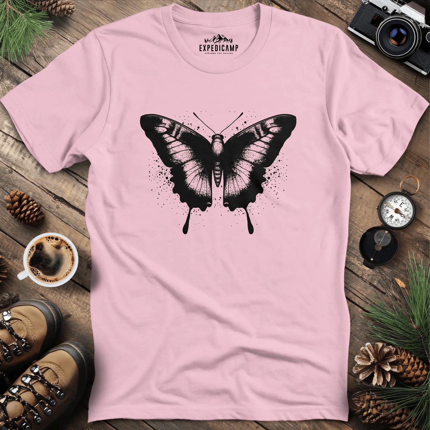 Ink-Splatter Butterfly T-Shirt – Light Pink – Outdoor apparel for travel, hiking, camping, and nature lovers – ExpediCamp