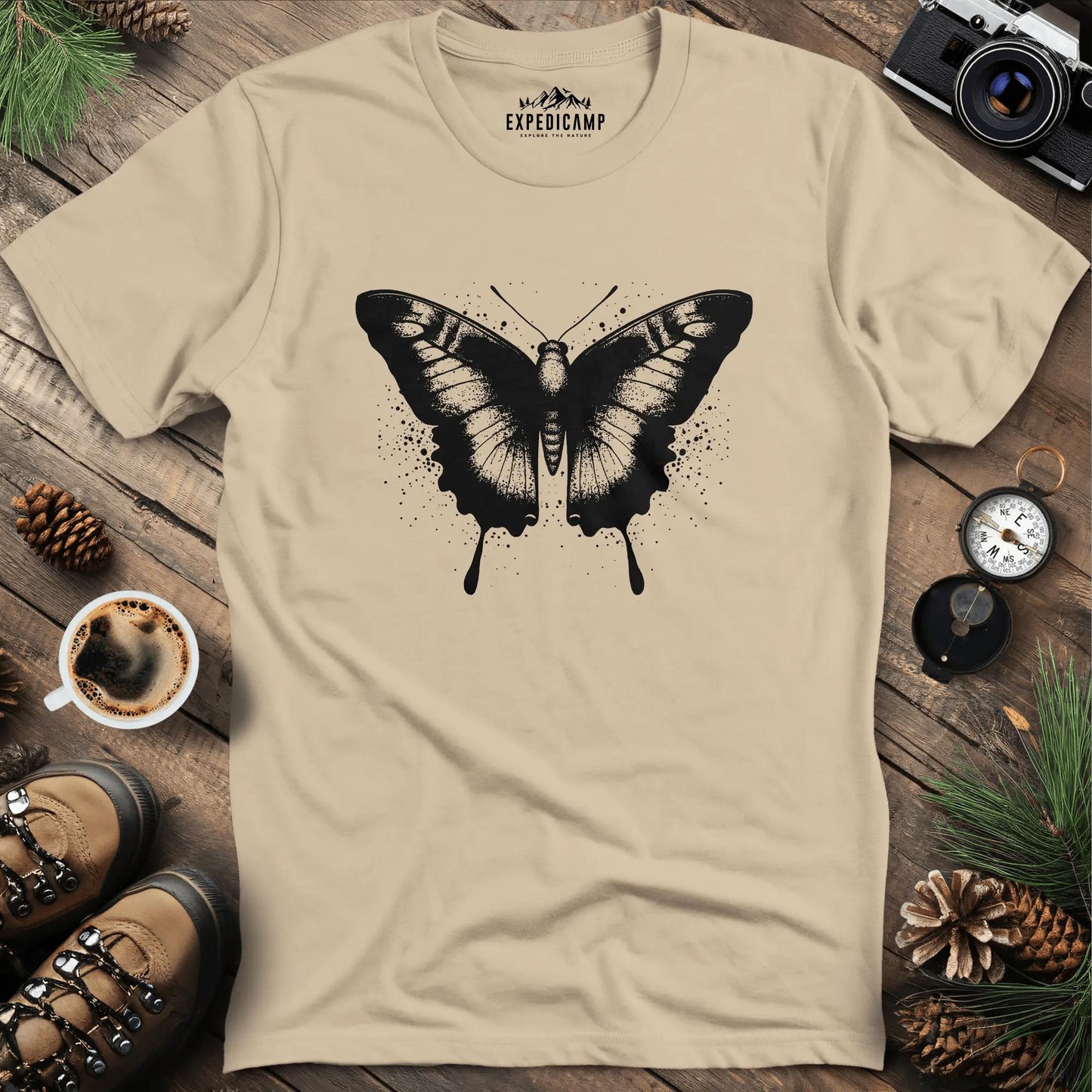 Ink-Splatter Butterfly T-Shirt – Sand – Outdoor apparel for travel, hiking, camping, and nature lovers – ExpediCamp