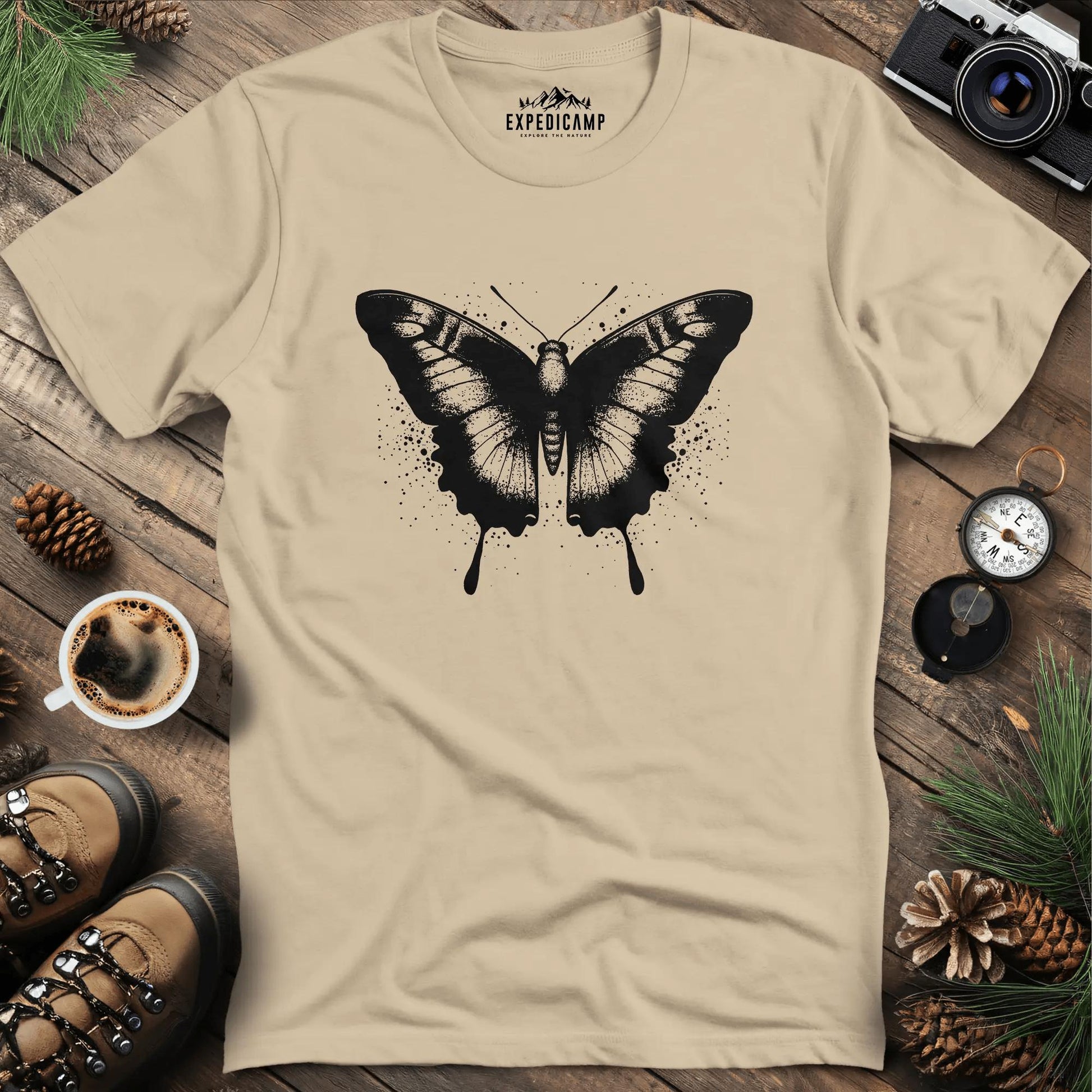 Ink-Splatter Butterfly T-Shirt – Sand – Outdoor apparel for travel, hiking, camping, and nature lovers – ExpediCamp
