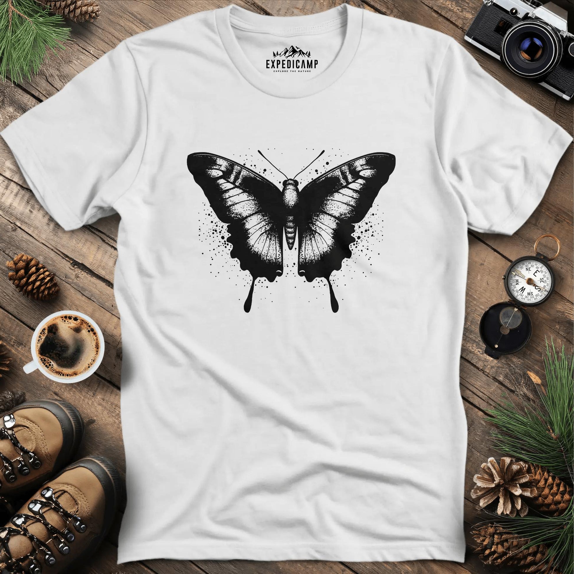 Ink-Splatter Butterfly T-Shirt – White – Outdoor apparel for travel, hiking, camping, and nature lovers – ExpediCamp