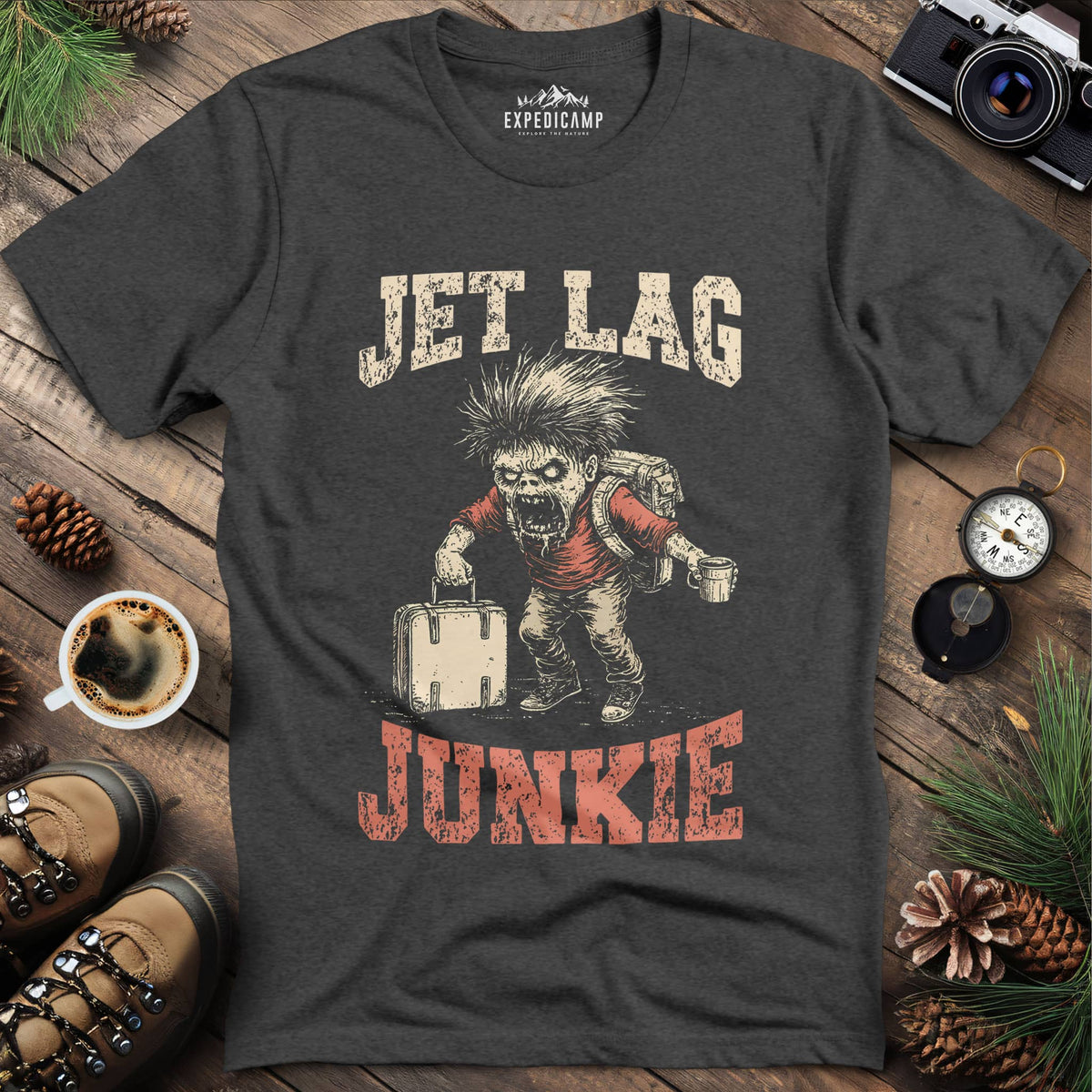 Jet Lag Junkie T-Shirt – Dark Heather – Outdoor apparel for travel, hiking, camping, and nature lovers – ExpediCamp