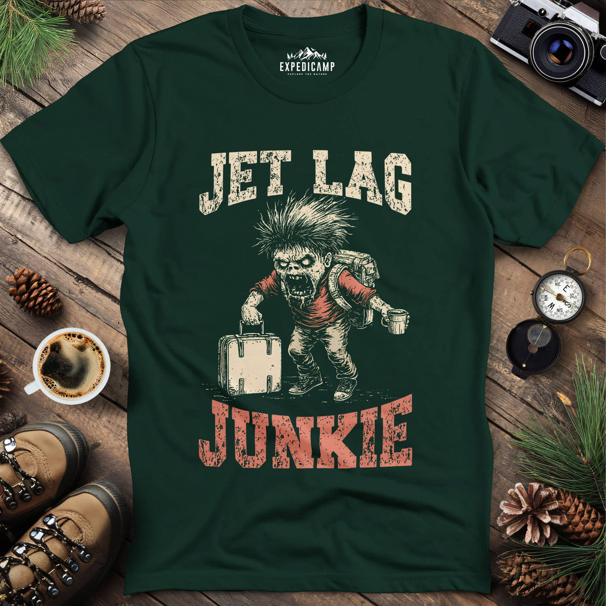 Jet Lag Junkie T-Shirt – Forest Green – Outdoor apparel for travel, hiking, camping, and nature lovers – ExpediCamp