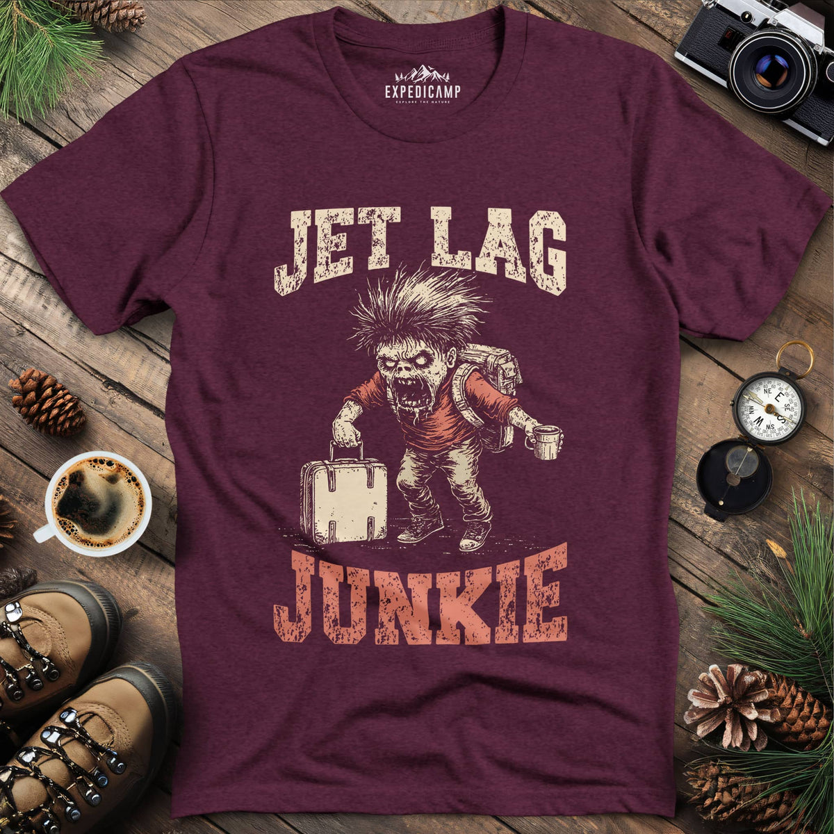 Jet Lag Junkie T-Shirt – Heather Maroon – Outdoor apparel for travel, hiking, camping, and nature lovers – ExpediCamp