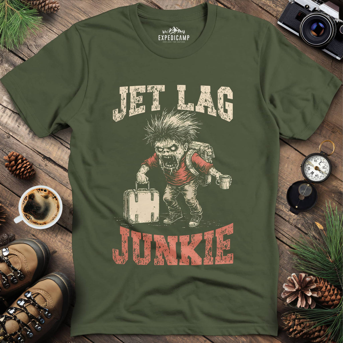 Jet Lag Junkie T-Shirt – Military Green – Outdoor apparel for travel, hiking, camping, and nature lovers – ExpediCamp