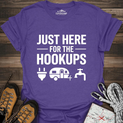 Just Here For The Hookups T-Shirt – Heather Purple – Outdoor apparel for travel, hiking, camping, and nature lovers – ExpediCamp