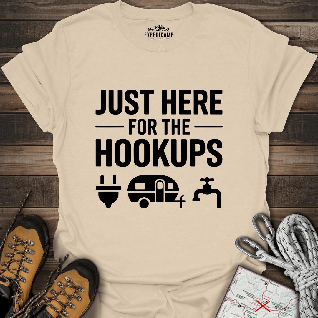 Just Here For The Hookups T-Shirt – Sand – Outdoor apparel for travel, hiking, camping, and nature lovers – ExpediCamp