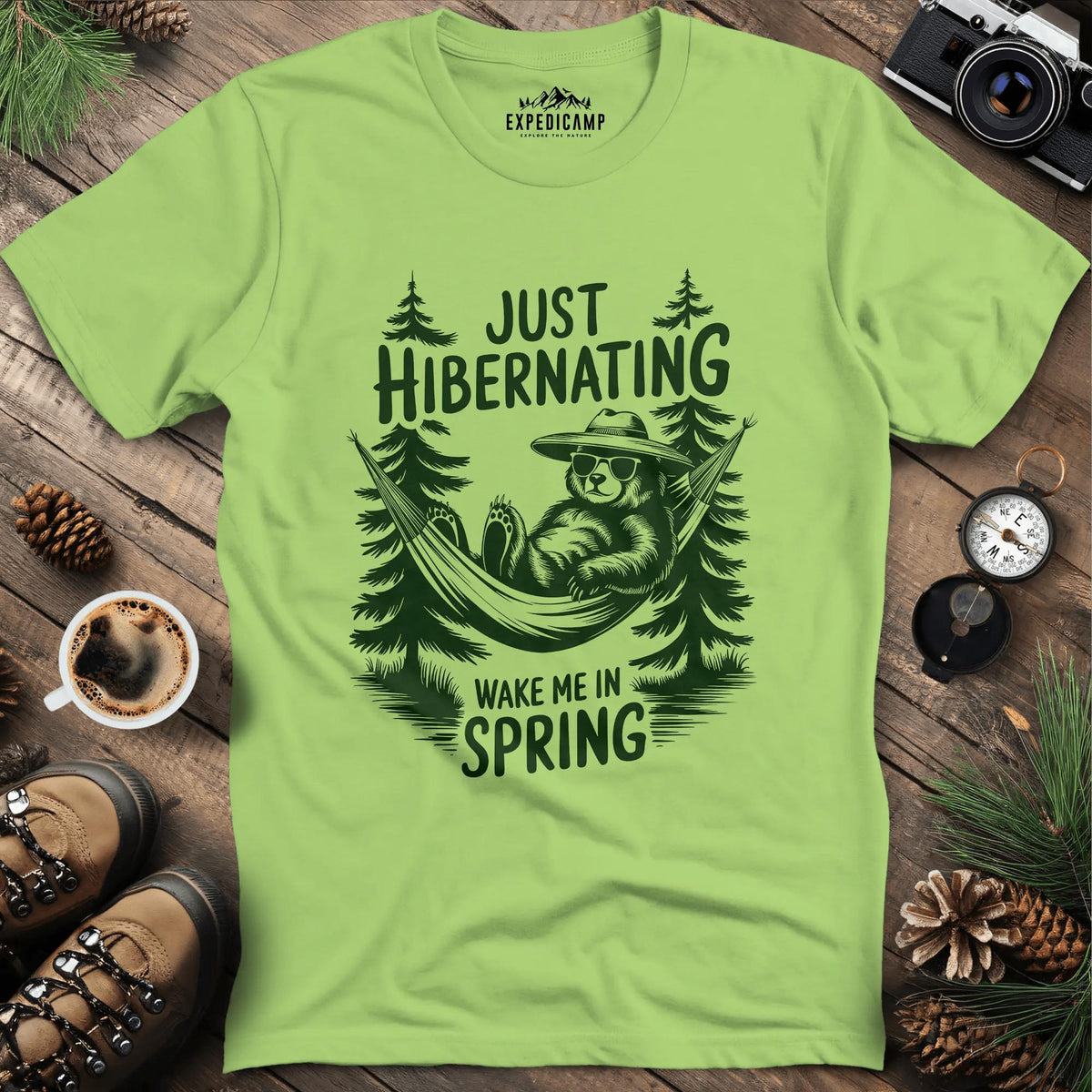 Just Hibernating T-Shirt – Kiwi – Outdoor apparel for travel, hiking, camping, and nature lovers – ExpediCamp
