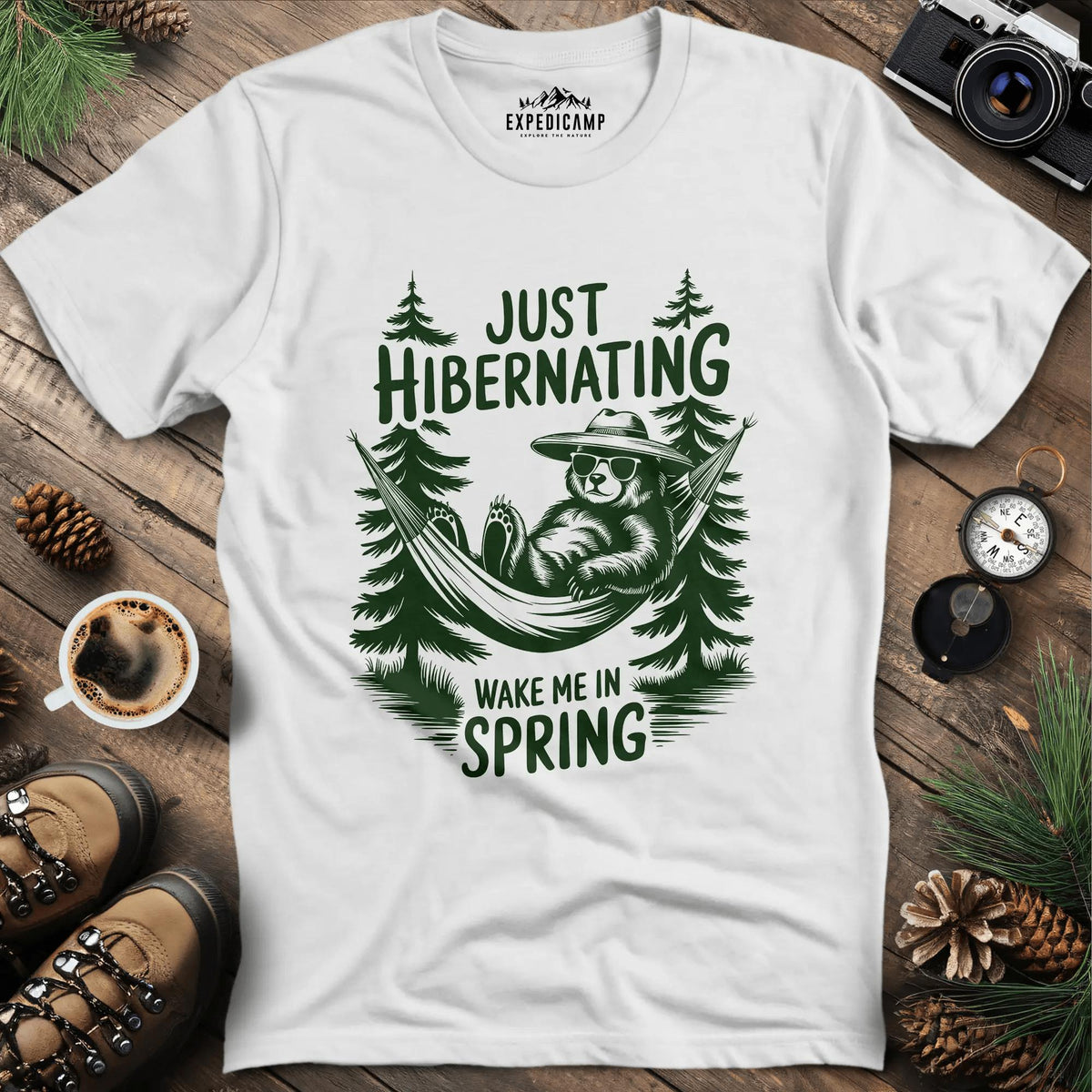 Just Hibernating T-Shirt – White – Outdoor apparel for travel, hiking, camping, and nature lovers – ExpediCamp