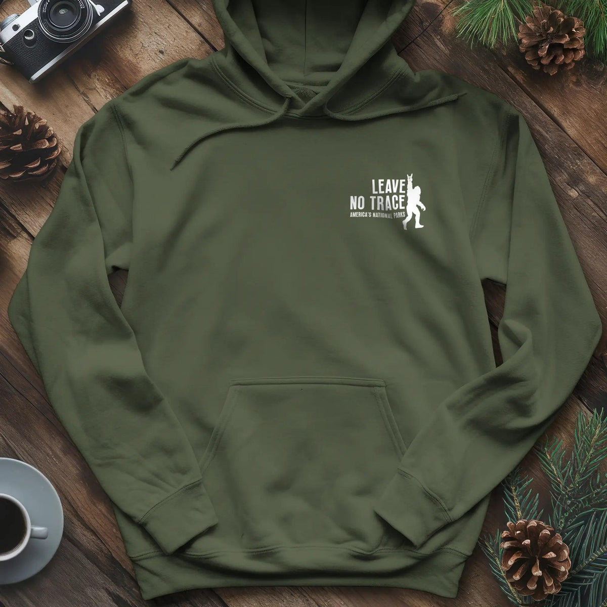 Leave No Trace Hoodie – Celebrate America's National Parks – Military Green – Outdoor apparel for travel, hiking, camping, and nature lovers – ExpediCamp